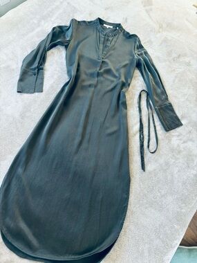 Vince Khaki Silk Long Sleeve Midi Shirt Dress